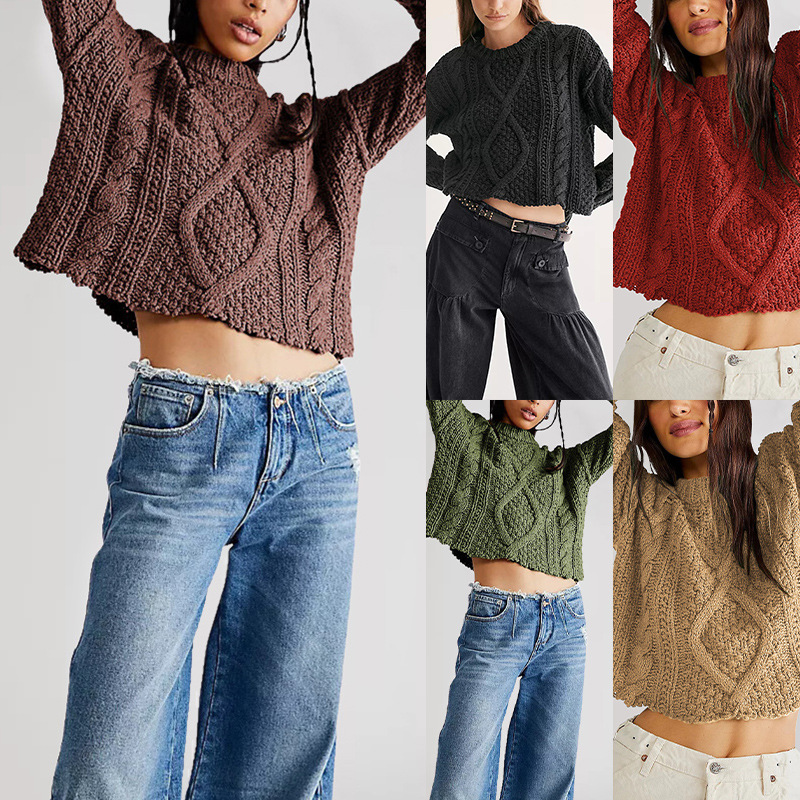 Cable Knit Crewneck Pullover Sweater Loose Fit