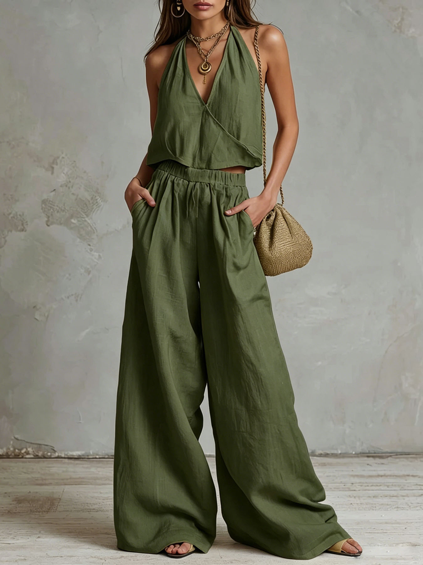 Women's Summer Bohemian Cotton-Linen Tank Top and Pants Two-Piece Set