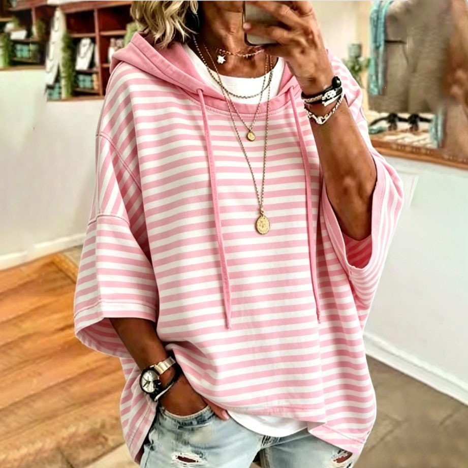 Women's Striped Hooded Pullover Sweatshirt with 3/4 Sleeves
