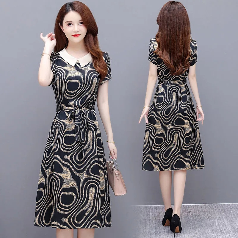 Women's Summer Dress Acetate Satin Floral Print Waist-Cinching Midi A-Line Polo Neck Short Sleeve