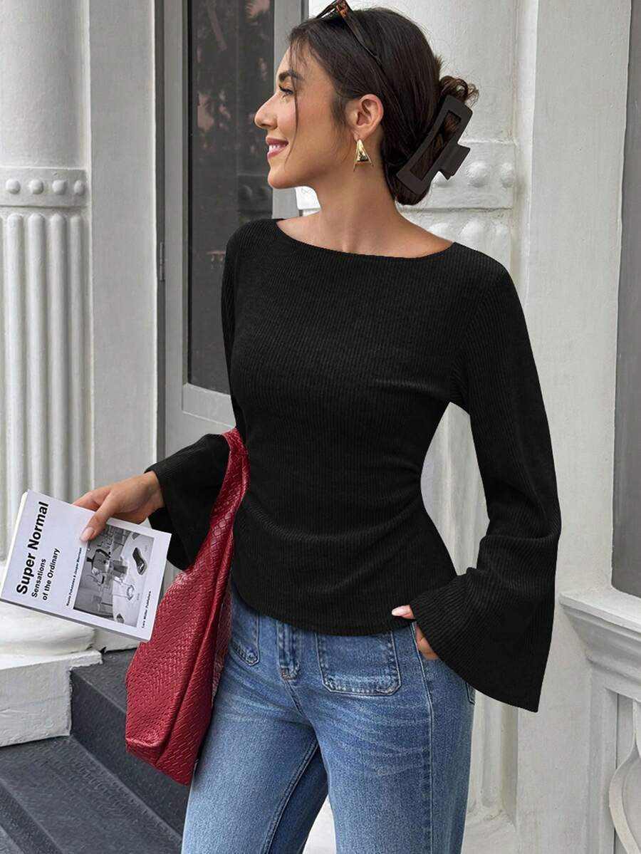 Women's Solid Off-Shoulder Bell Sleeve Cinched Waist Top