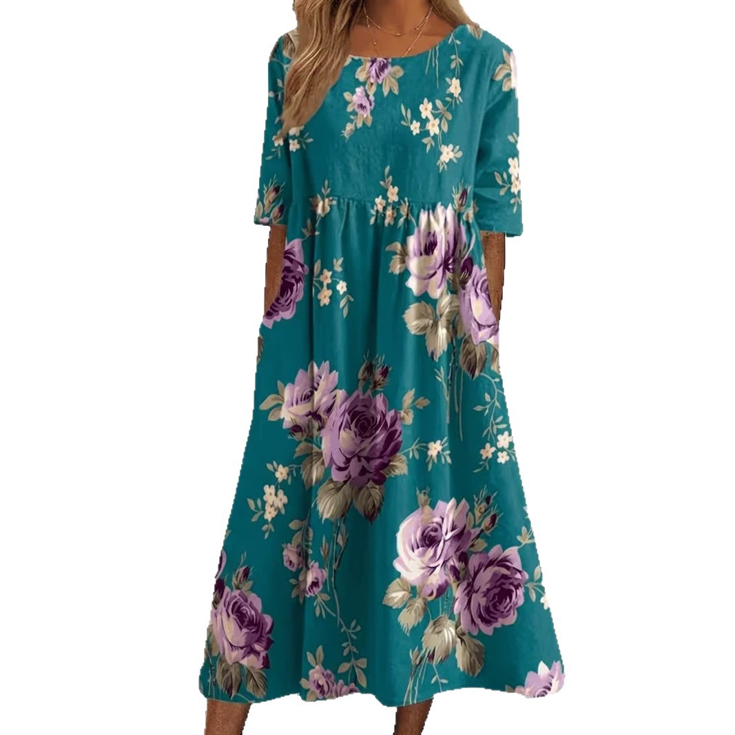 Women's Floral Print Ruched Midi Dress Casual Vacation Pullover