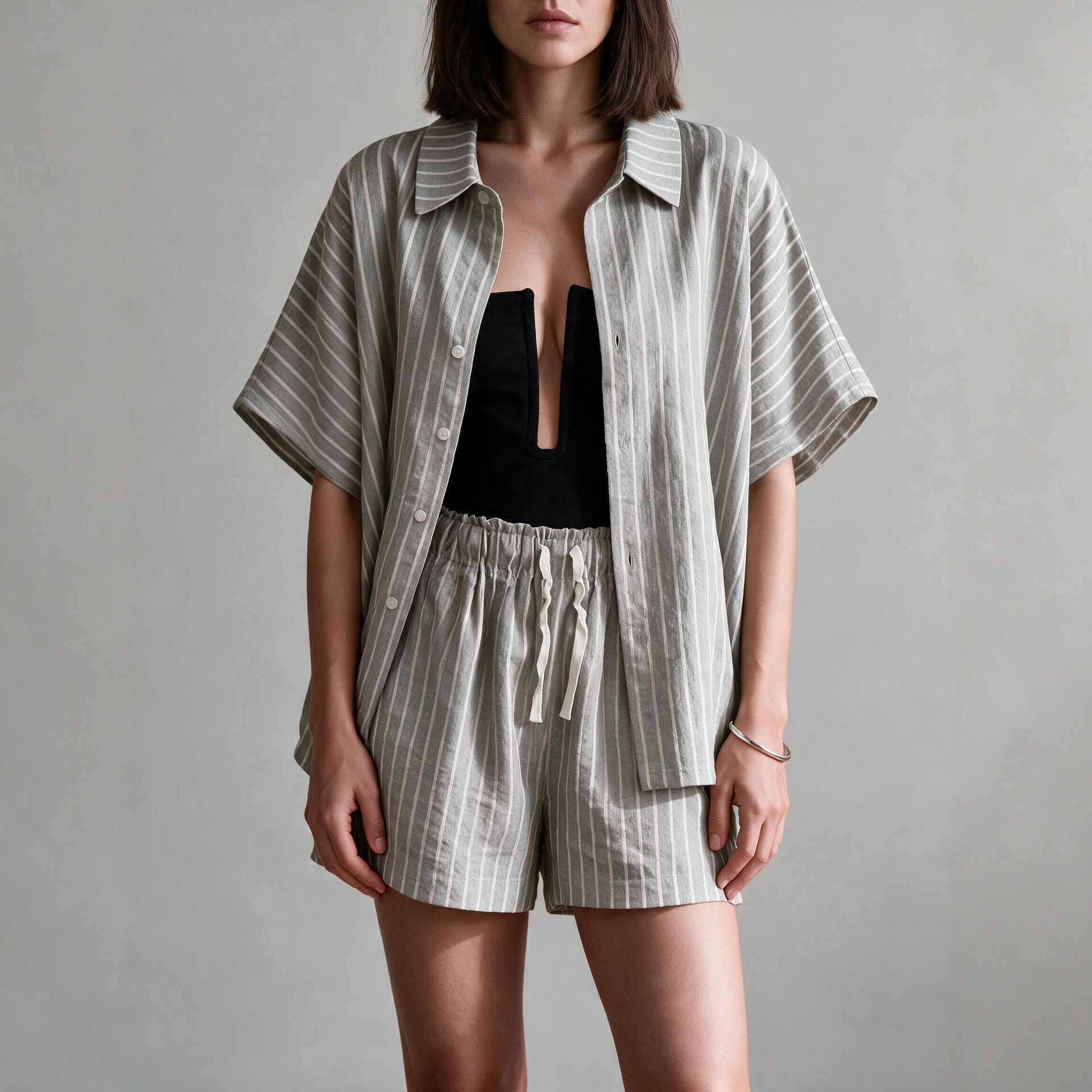 Striped Short Sleeve Shirt and Pocket Shorts Casual Two-Piece Set