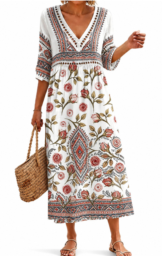 Women's Floral Print Pleated Midi Dress with Deep V-Neck and 3D Effect