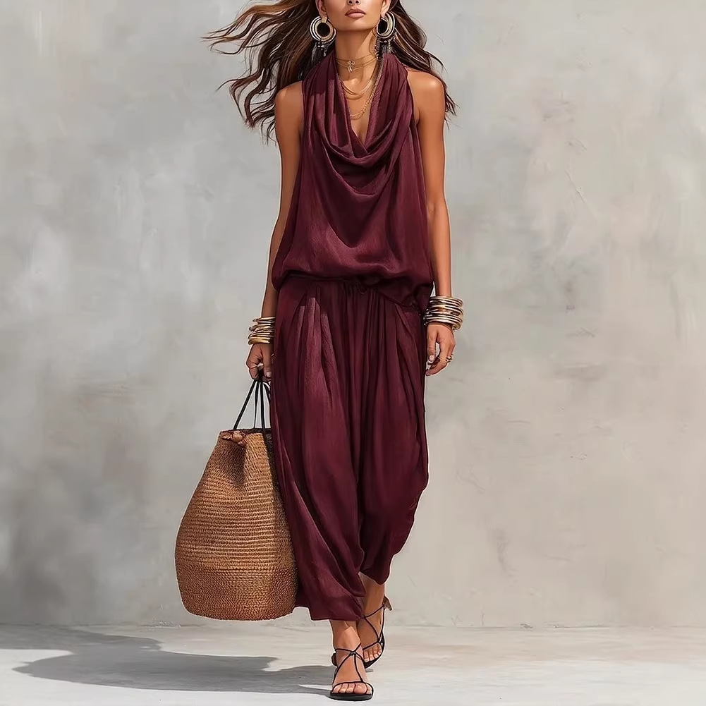 Elegant Draped-Neck Tank Top and Pants Set