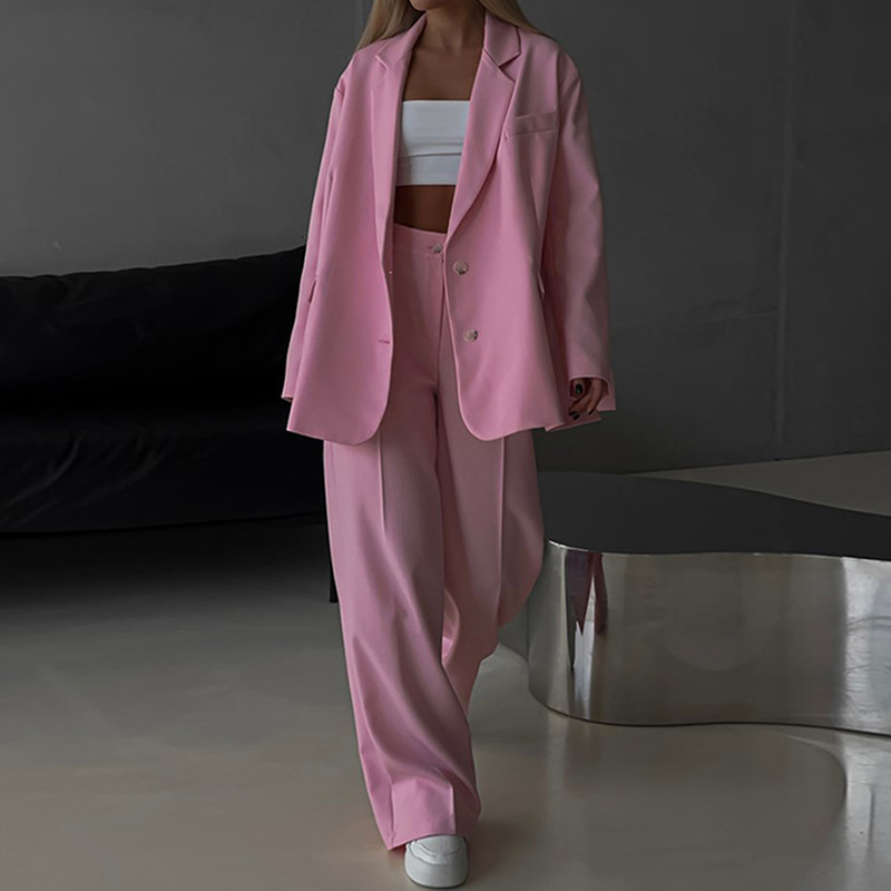 Women's Casual Two-Piece Suit Set Solid Color Loose Cardigan Blazer and Button Pants