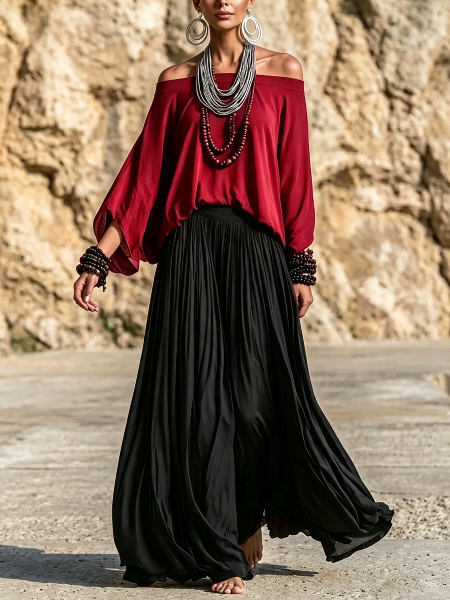 Bohemian Off-Shoulder Top & Wide-Leg Maxi Skirt Two-Piece Set