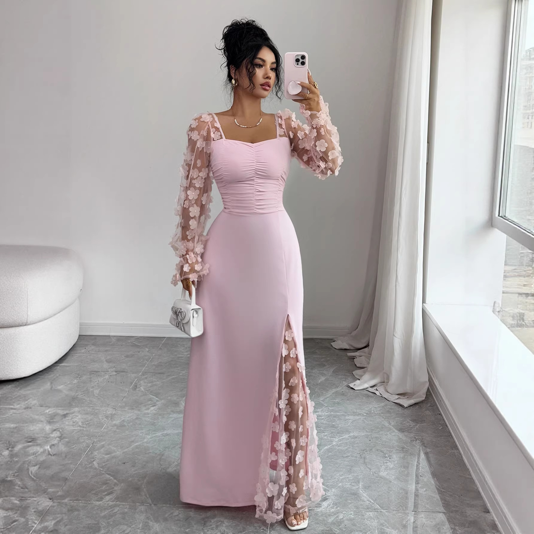 Square Neck Lace Long Sleeve Evening Dress with Waist and Slit