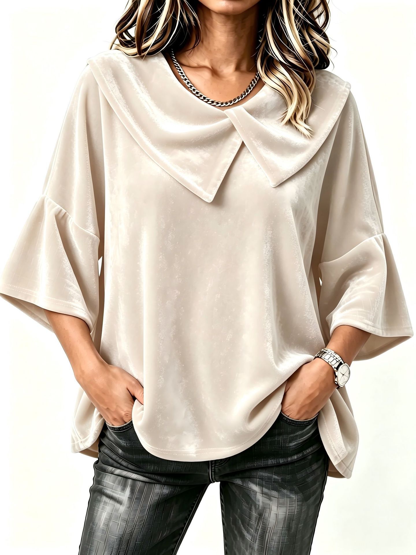 Retro Asymmetric Patchwork Big Lapel Bell Sleeve Loose Velvet Top
