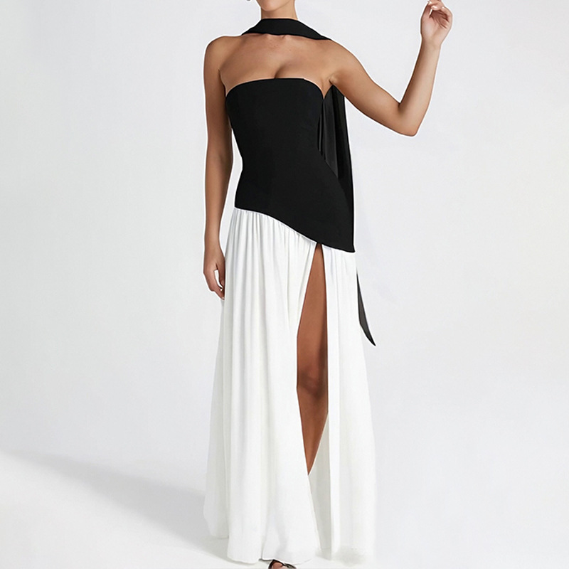 Elegant Slim-Fit Solid Color Waist-Cinched Split French Dress