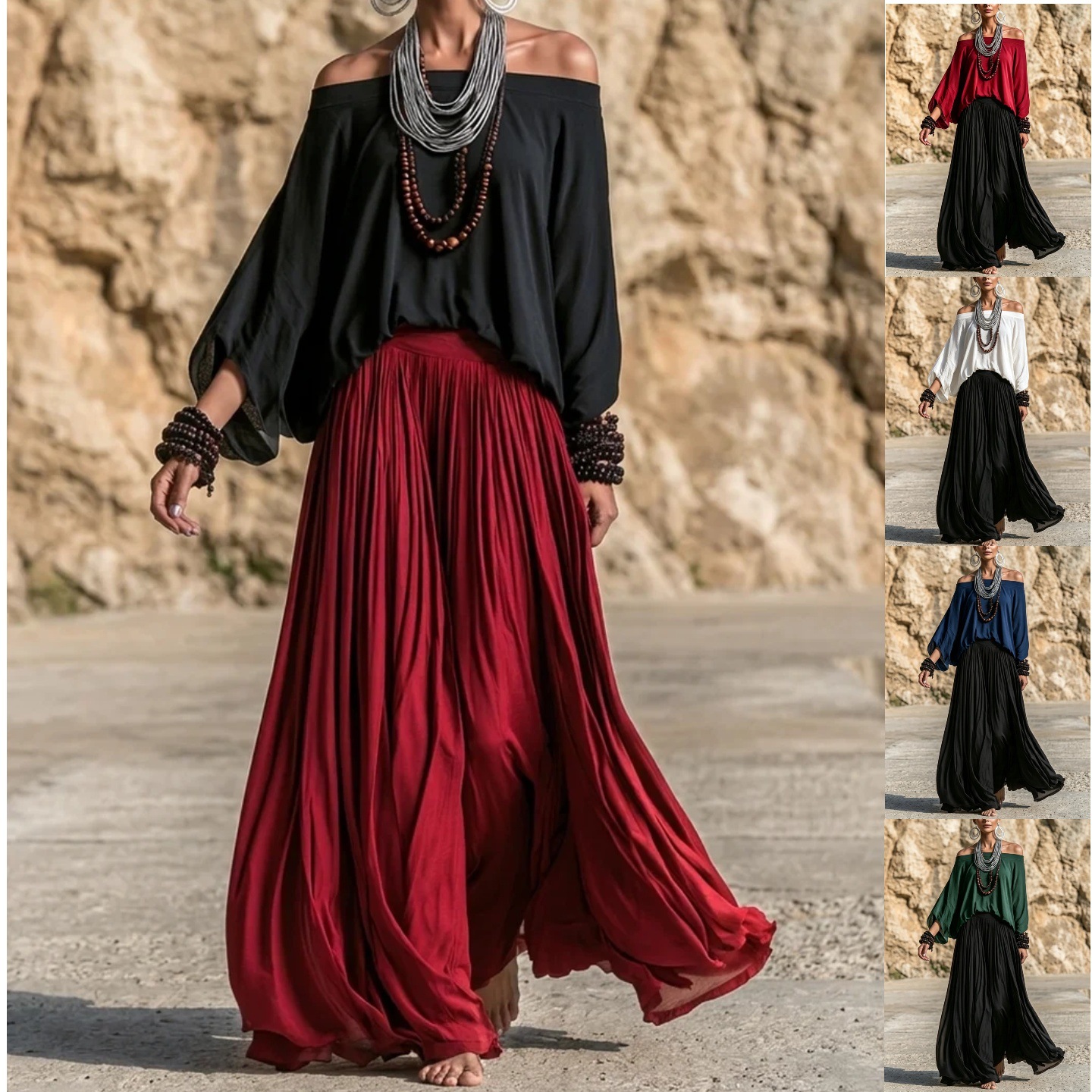 Bohemian Off-Shoulder Top & Wide-Leg Maxi Skirt Two-Piece Set