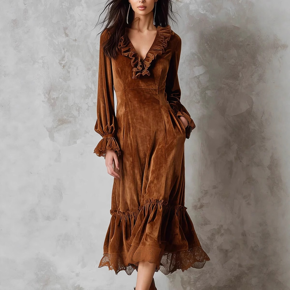 Women's Long Sleeve Lace-Trim Velvet Dress with V-Neck and Ruffled Lantern Sleeves