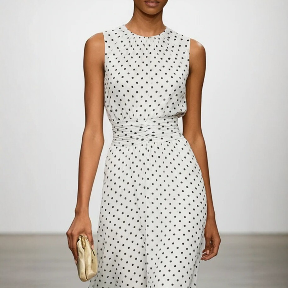 Women's Polka Dot Sleeveless A-Line Midi Dress with Cinched Waist