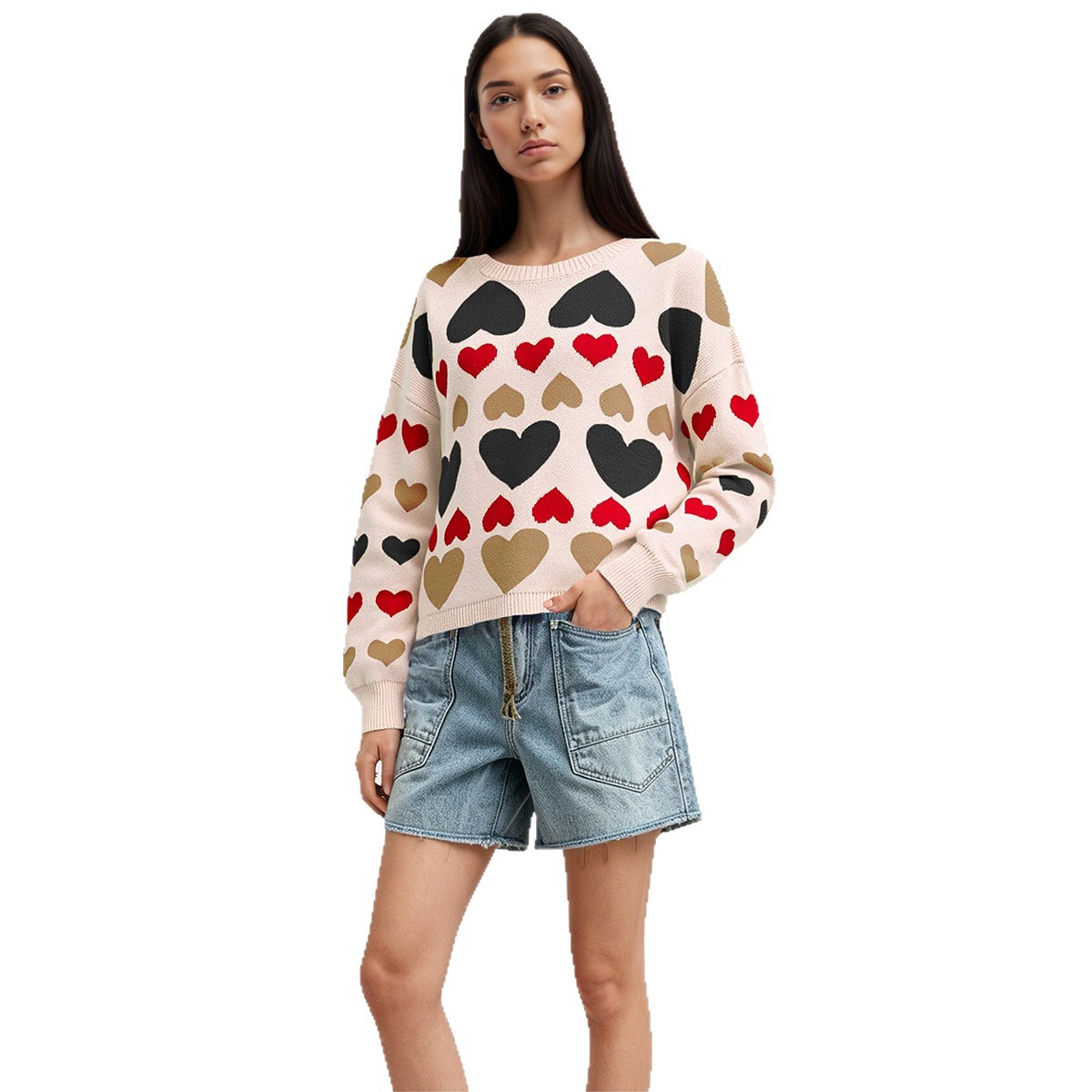 Women's Heart Pullover Sweater Long Sleeve Crew Neck Colorblock