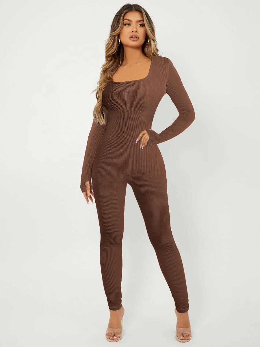 Women's Solid Color Long Sleeve Square Neck Bodysuit Jumpsuit with Butt Lifting