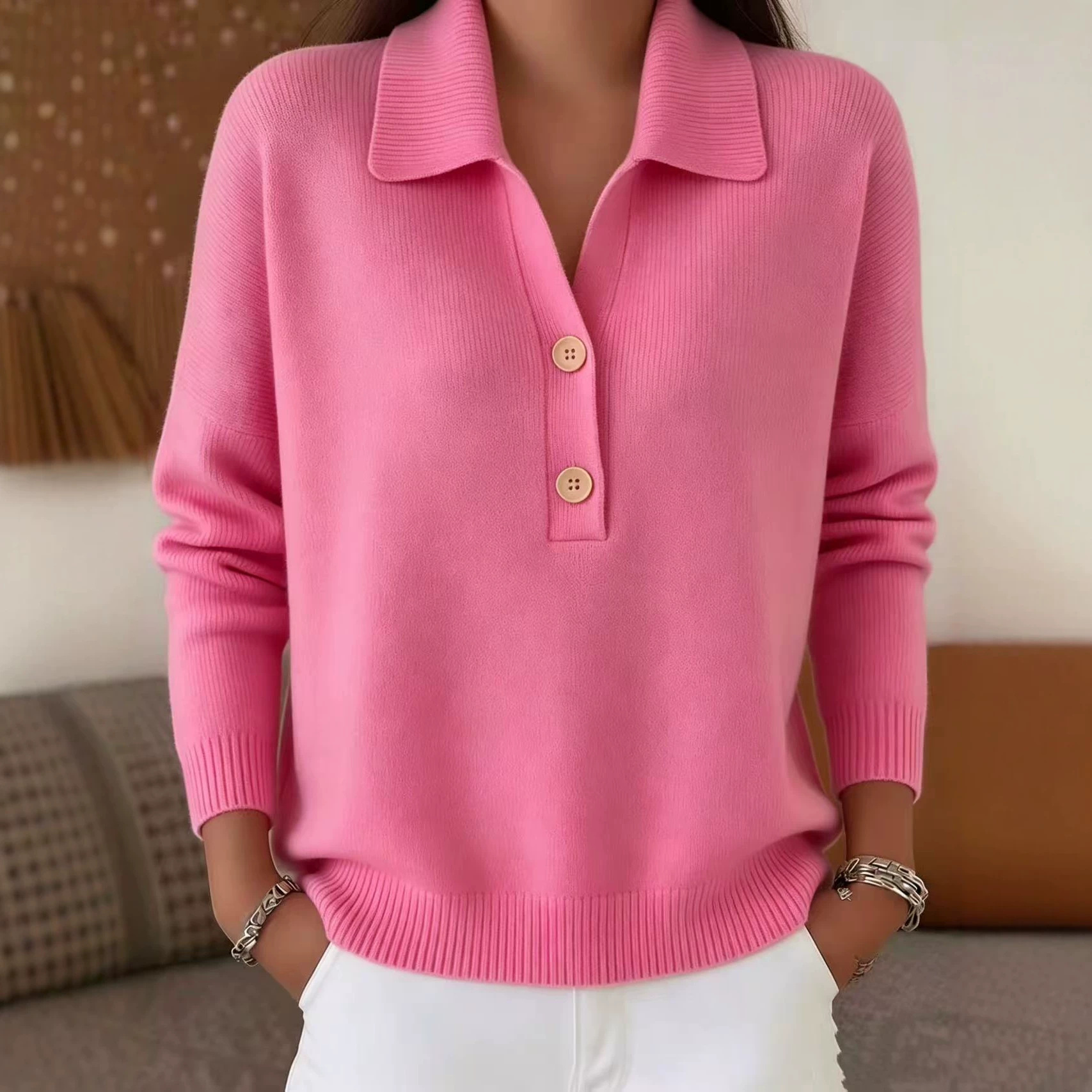 Women's Knit Sweater with Collared Half-Button Front Loose Casual Fit