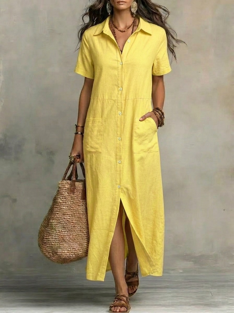 Women's Button-Front Short-Sleeve Casual Dress with Pockets
