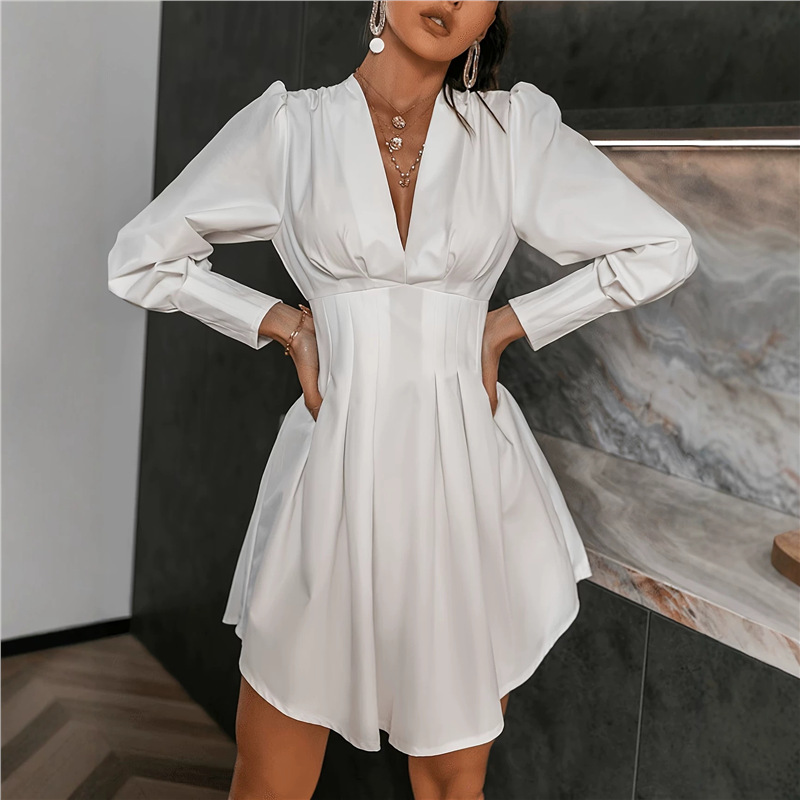 Elegant Ruched Waist Puff Sleeve V-Neck Shirt Dress