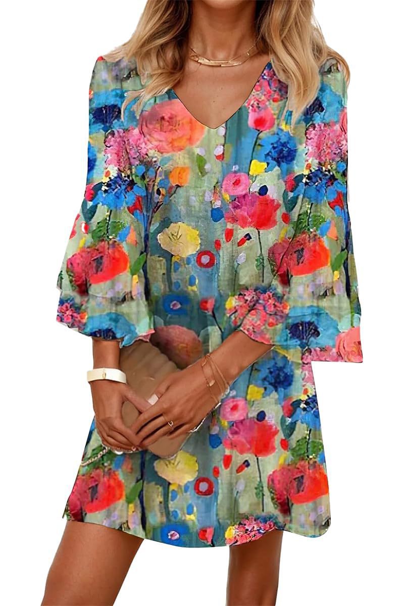 Women's Boho Floral Print Ruched Midi Dress