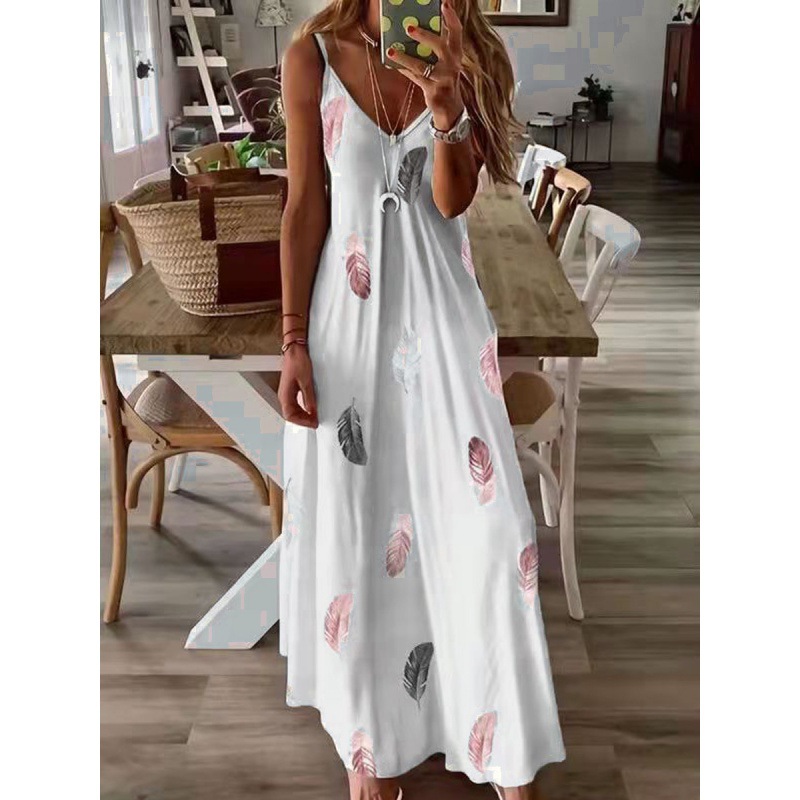 Sleeveless Slim Fit Feather Print Low Cut V-Neck Cami Maxi Dress