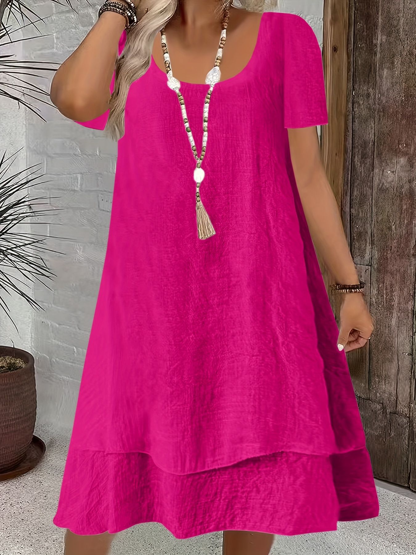 Women's Casual Loose Short Sleeve Solid Crewneck Double-Layer Dress