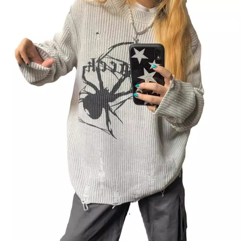 Women's Long Sleeve Loose Casual Distressed Knit Sweater