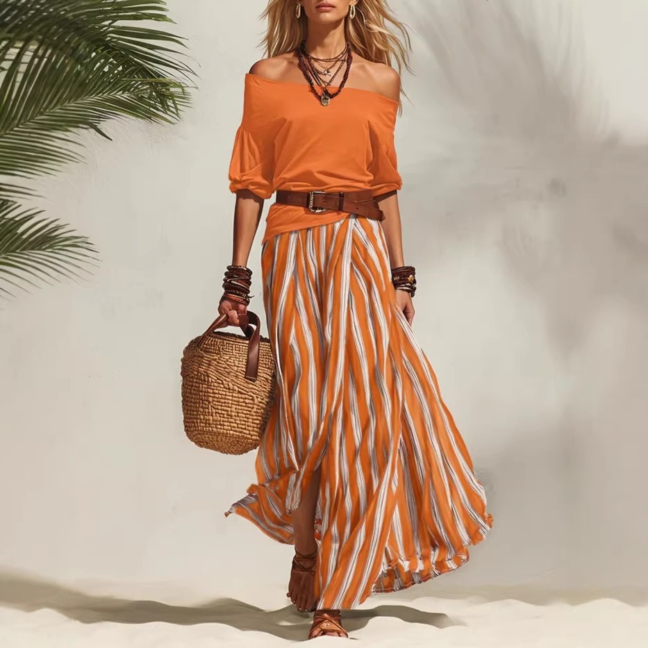 Off-Shoulder Top and Slit Skirt Women's Set – Nautical Vacation Style, Colorblock Geometric Print