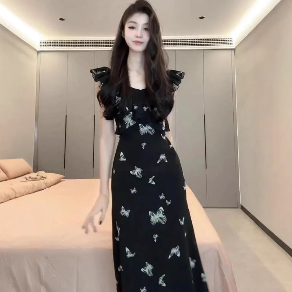 French Floral Midi Dress with Ruffle Sleeves Black