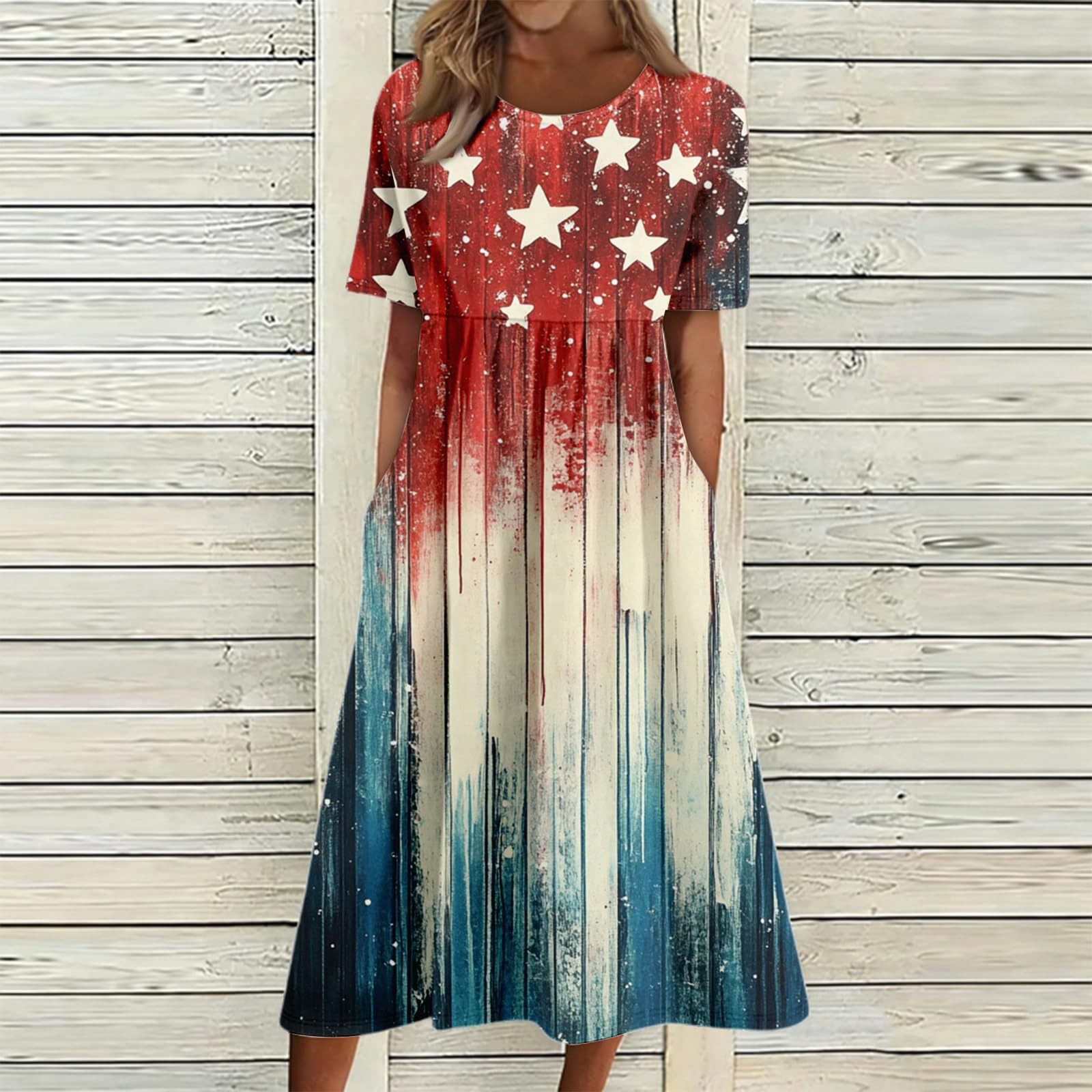 Women's Star Floral Print Ruched Midi Dress Short Sleeve Crew Neck