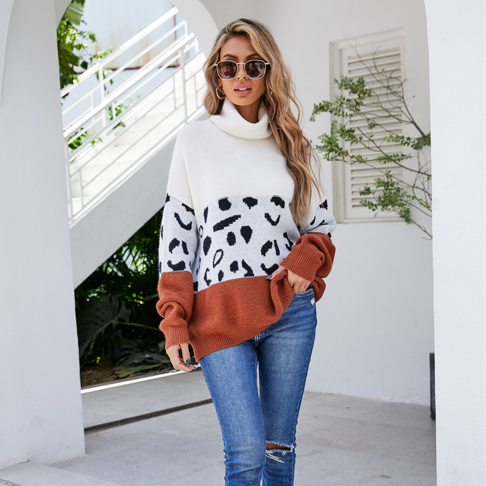 Women's High Neck Leopard Print Patchwork Pullover Sweater