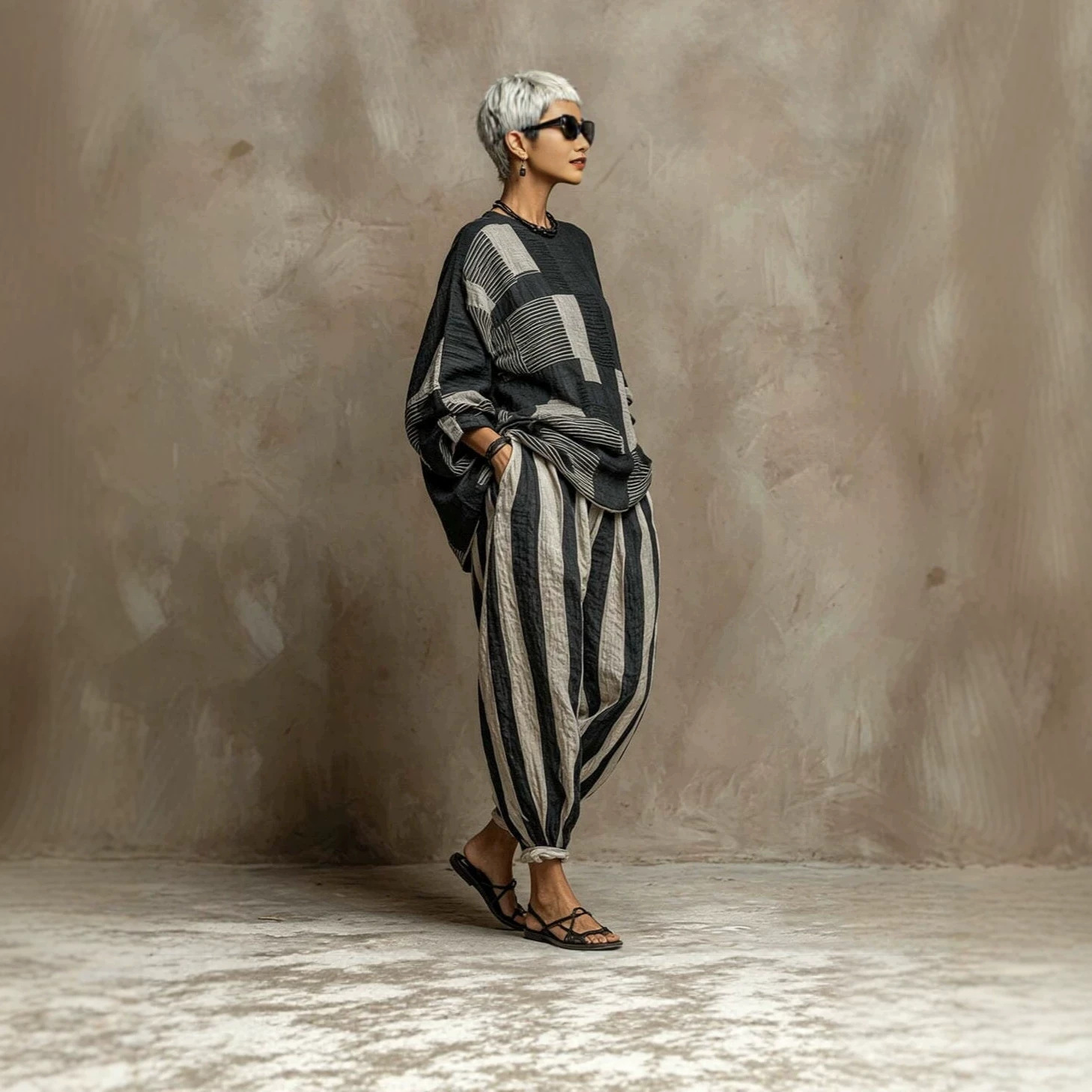 Striped Plaid Lazy Style Cotton-Linen Top and Pants Set