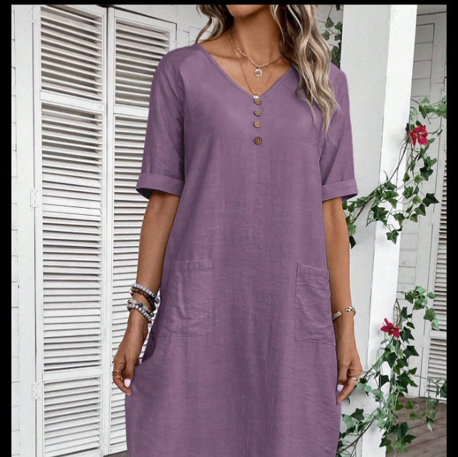 Women's V-Neck Loose Cotton Linen Midi Dress