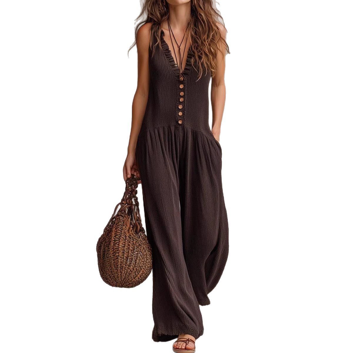 Women's V-Neck Sleeveless Wide-Leg Knit Jumpsuit