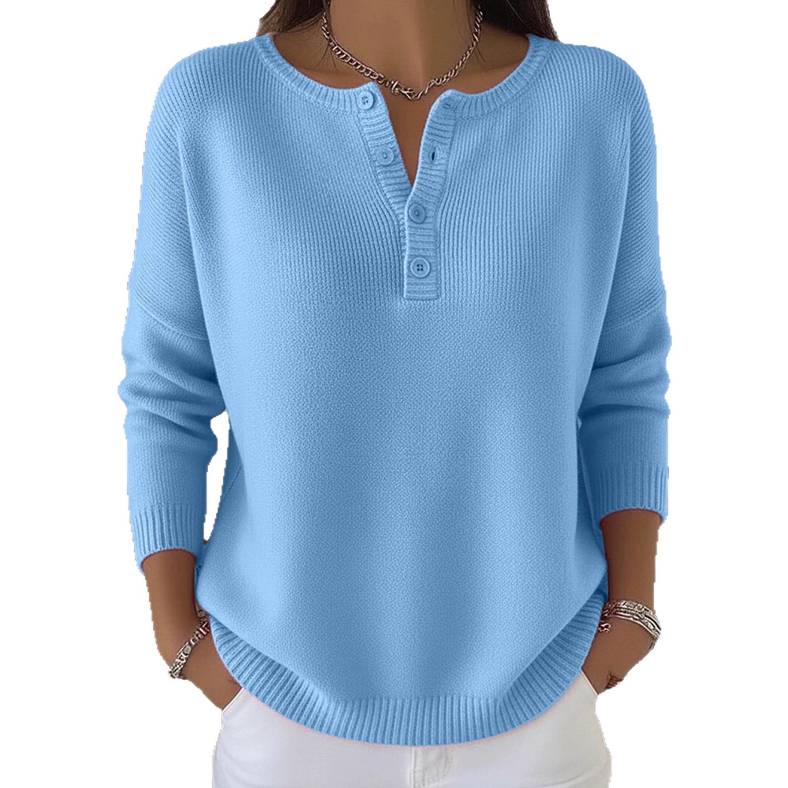 Button-Front V-Neck Knit Sweater