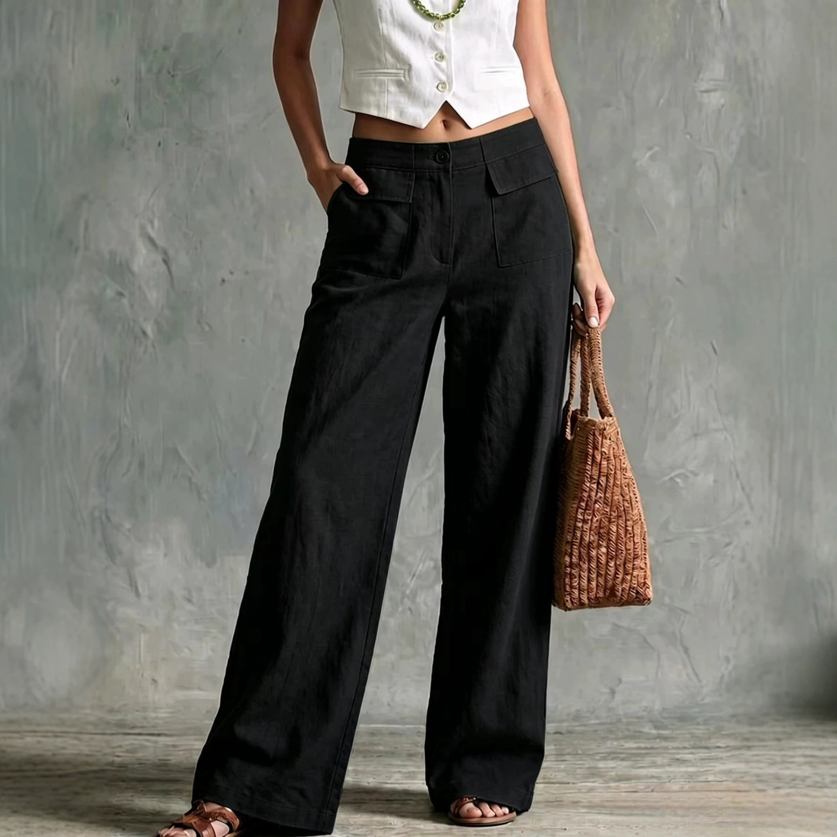 Women's Solid Color Wide-Leg Elastic Waist Casual Pants