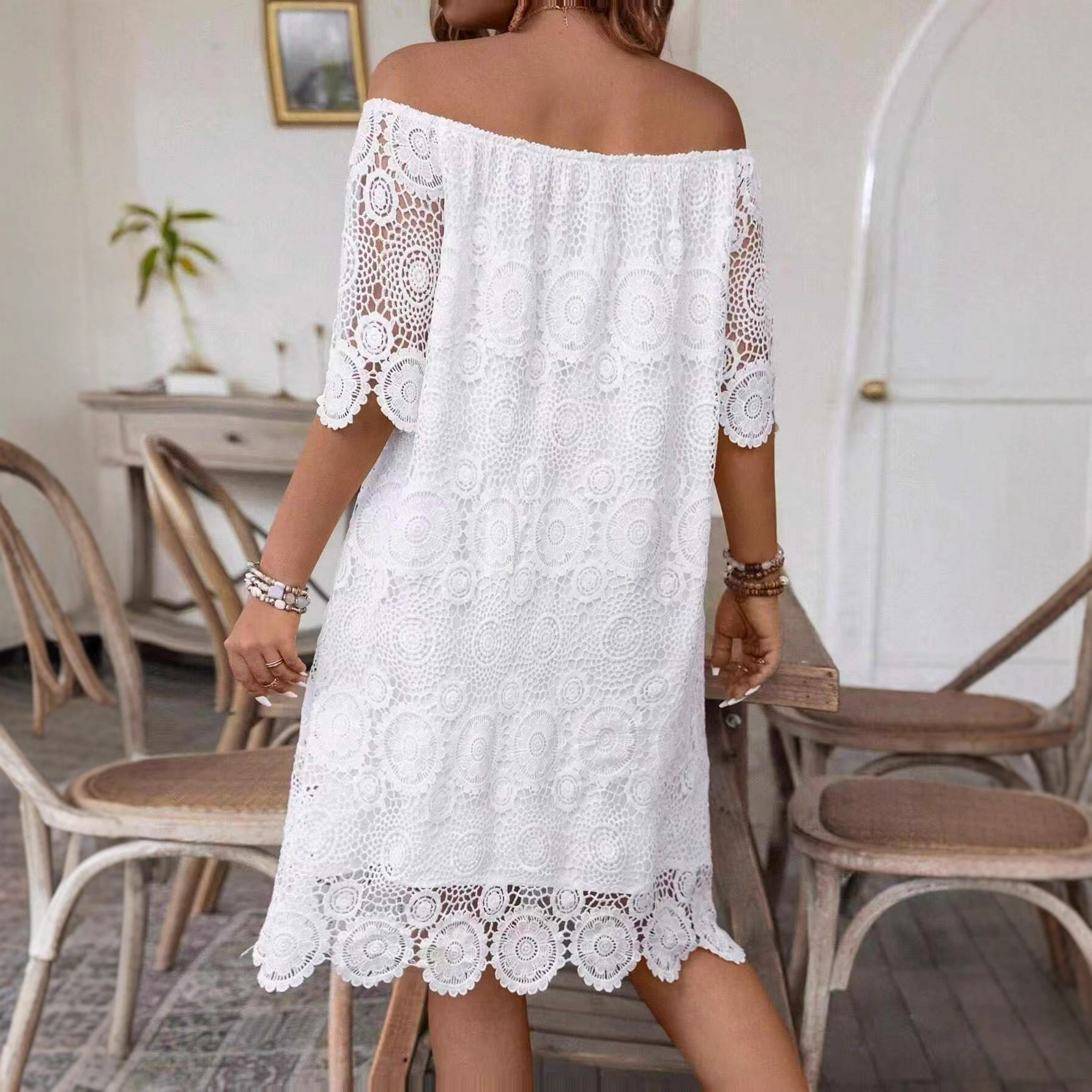 Women's Off-Shoulder Short Sleeve Lace Hollow Out Dress