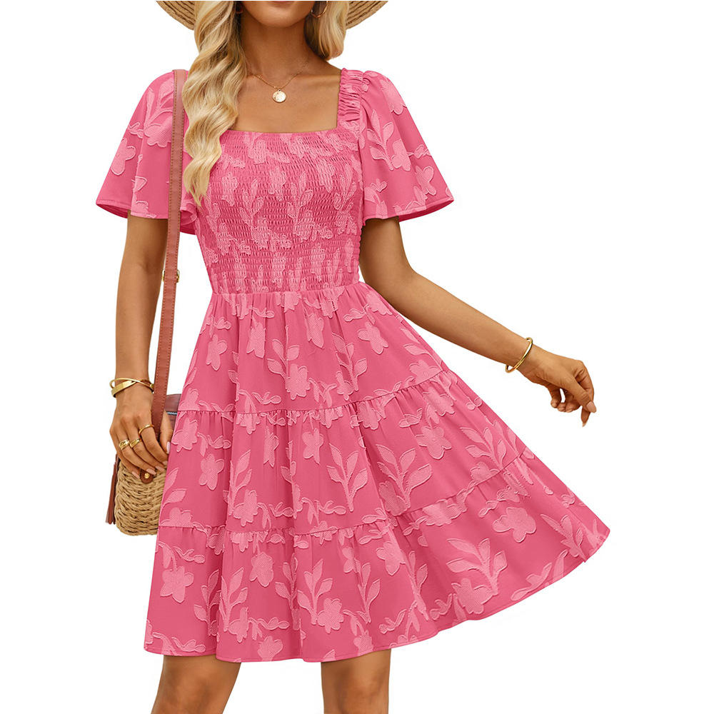 Women's Short Sleeve Square Neck Floral Chiffon Midi Dress