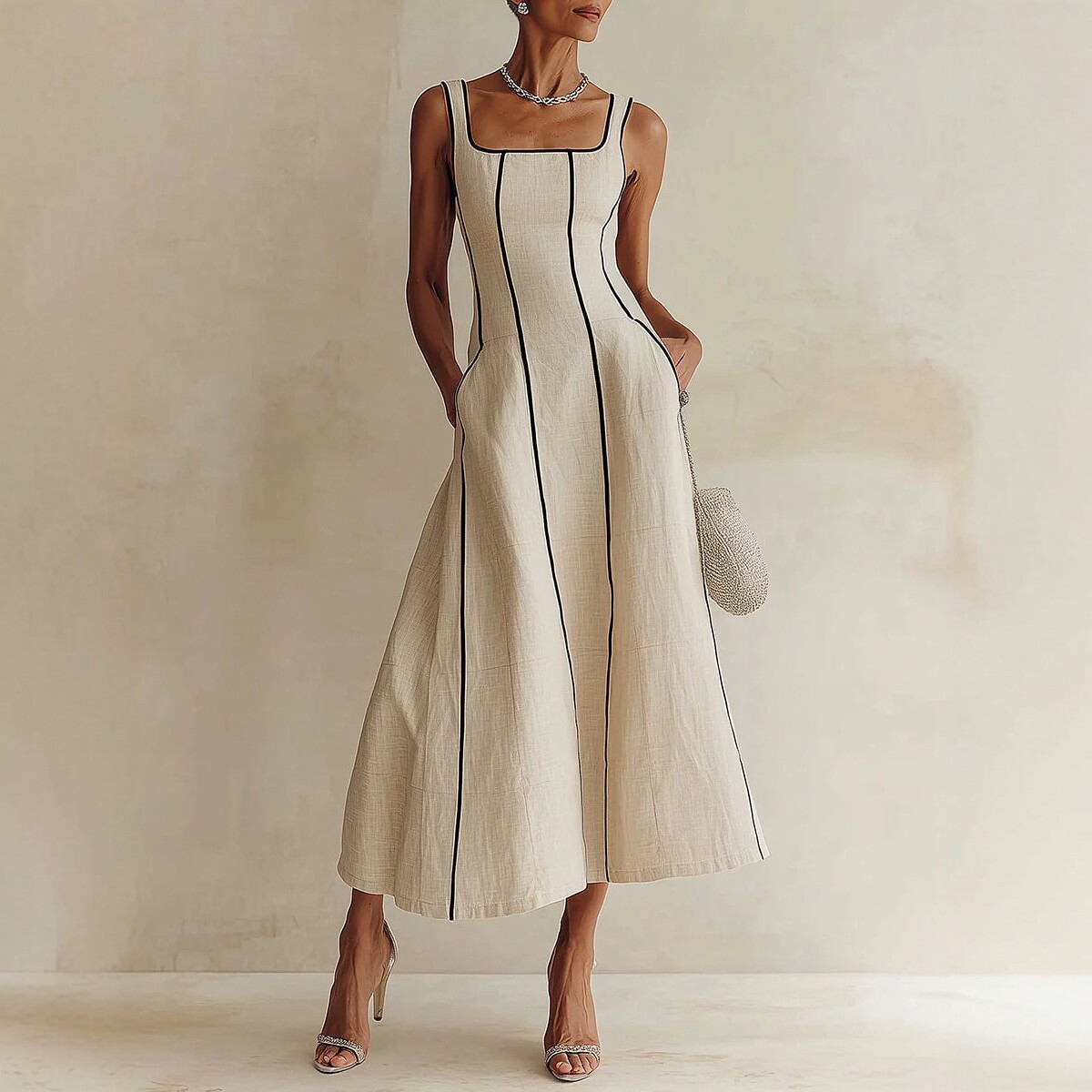 French Square-Neck Contrast Stitch Linen Midi Dress with Pockets