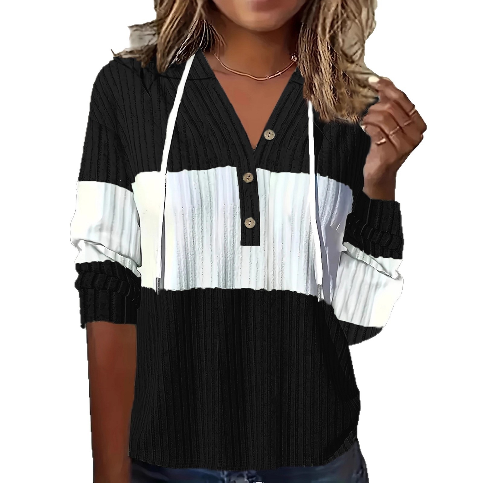 Color-Block Hooded Long-Sleeve Button Drawstring Striped Panel Loose Top