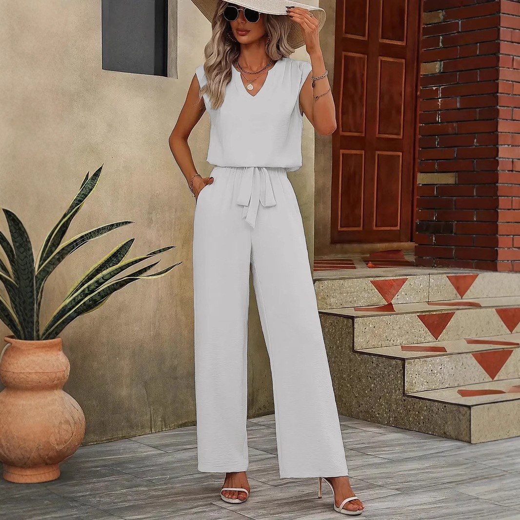 Solid Sleeveless V-Neck Loose Top and Tie-Waist Wide-Leg Pants Casual Women's Set