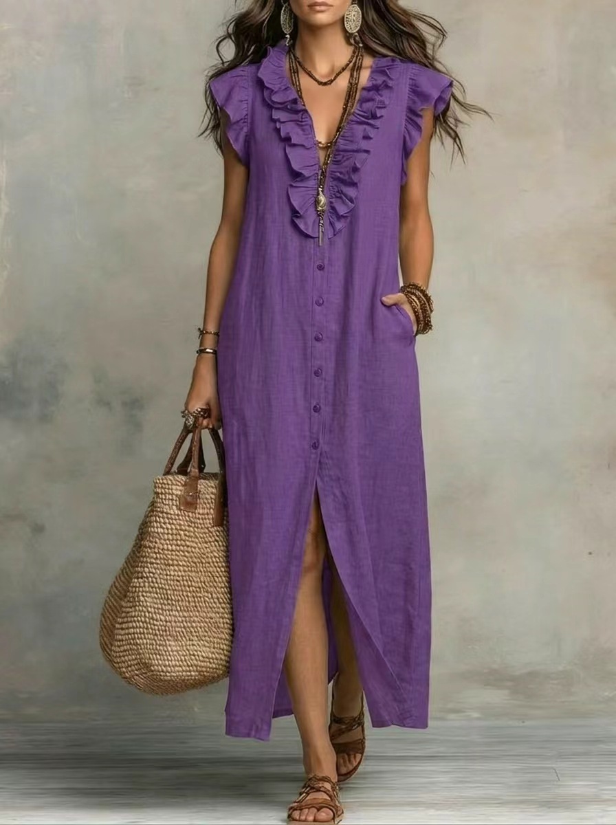 Boho Ruffle V-Neck Button-Front Maxi Dress with Pockets