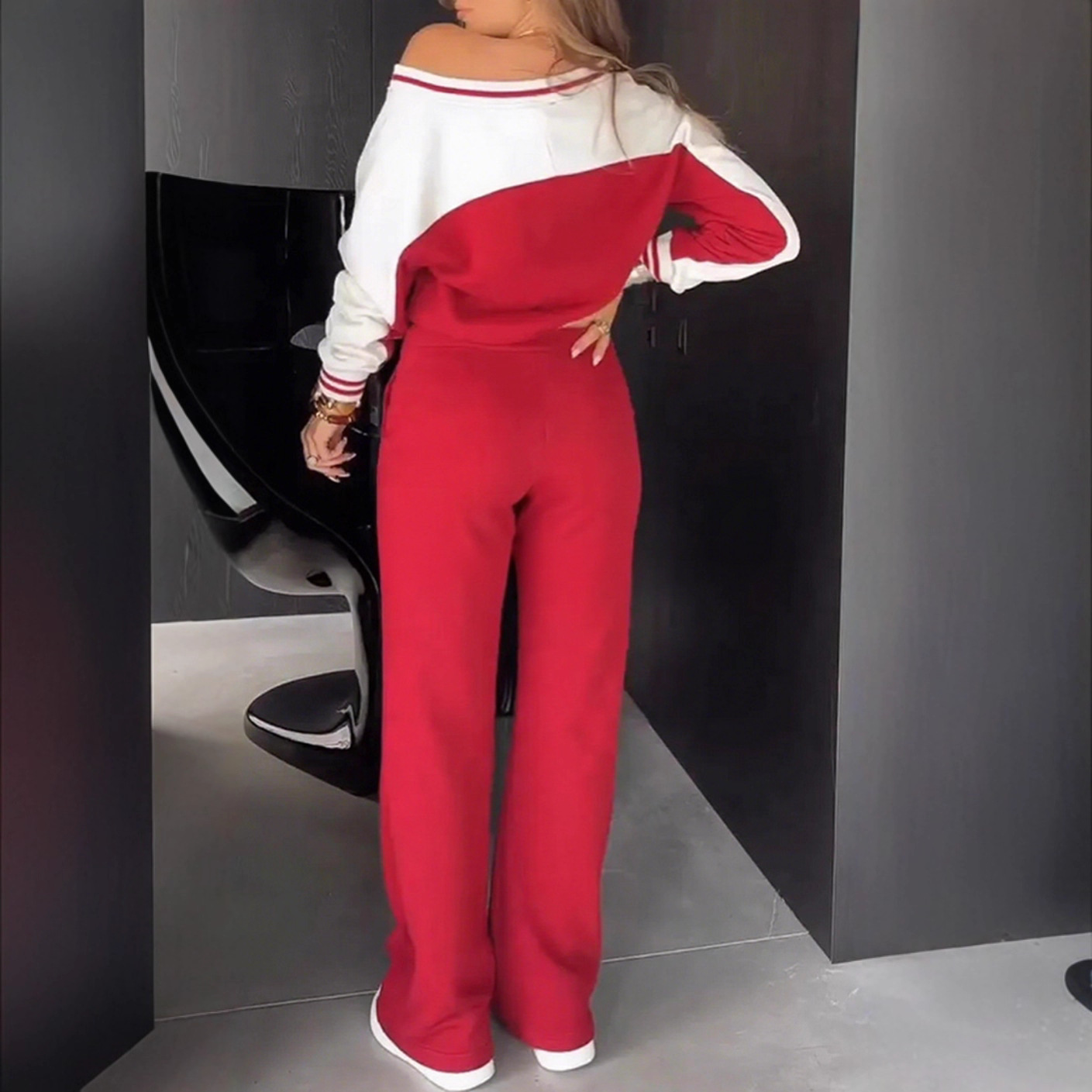 V-Neck Colorblock Striped Long Sleeve Top & Pants Set