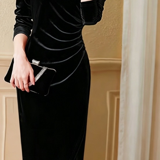 Pleated Velvet Long Sleeve V-Neck High Slit Evening Dress