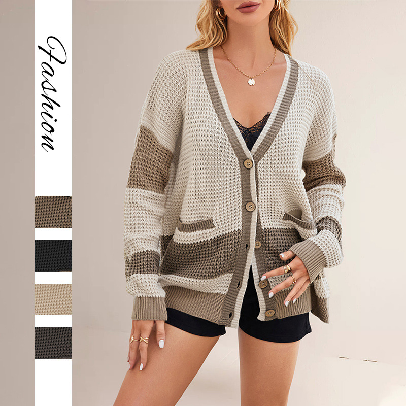 Women's V-Neck Colorblock Knit Cardigan Sweater with Pockets