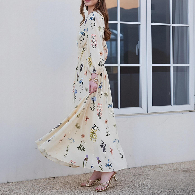 Women's Botanical Print Long Dress – Loose Fit A-Line High Waist