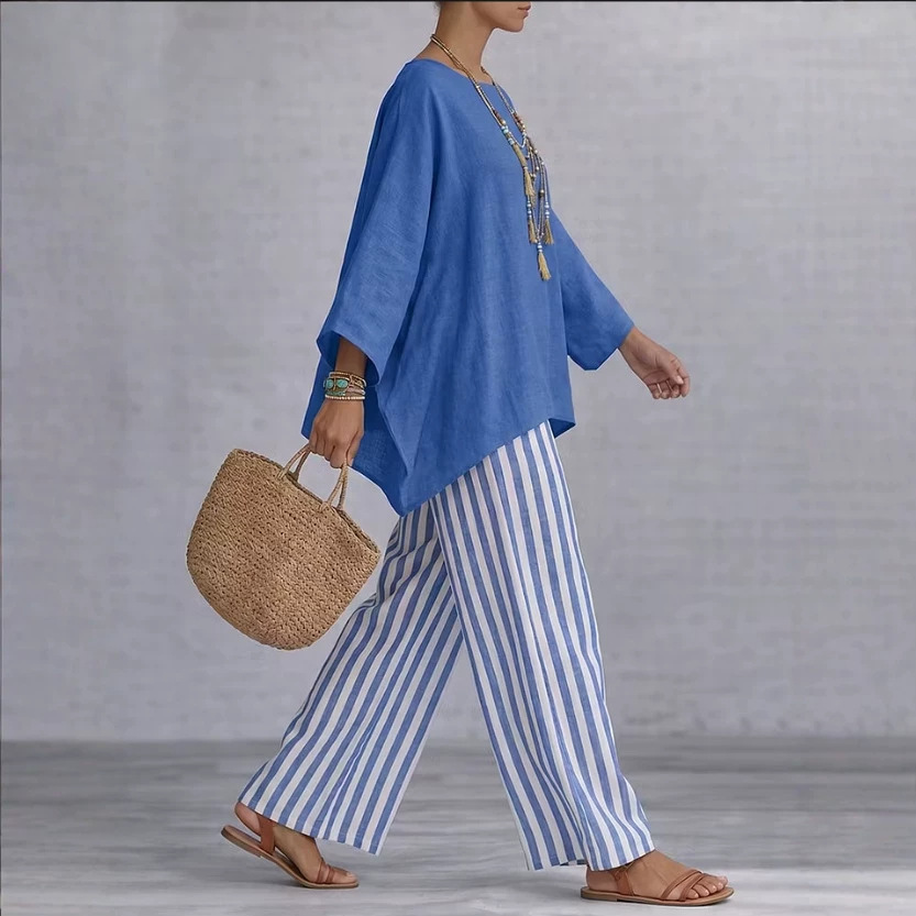 Women's Striped Print Cotton-Blend Two-Piece Set with Loose Collared Top and High-Waist Wide-Leg Pants