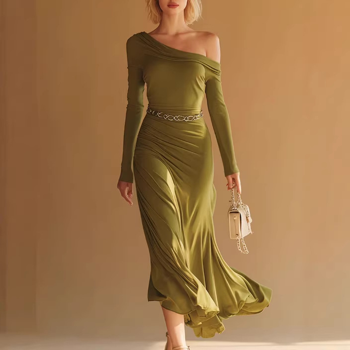 Sexy One-Shoulder Green Midi Dress with Draped Twist
