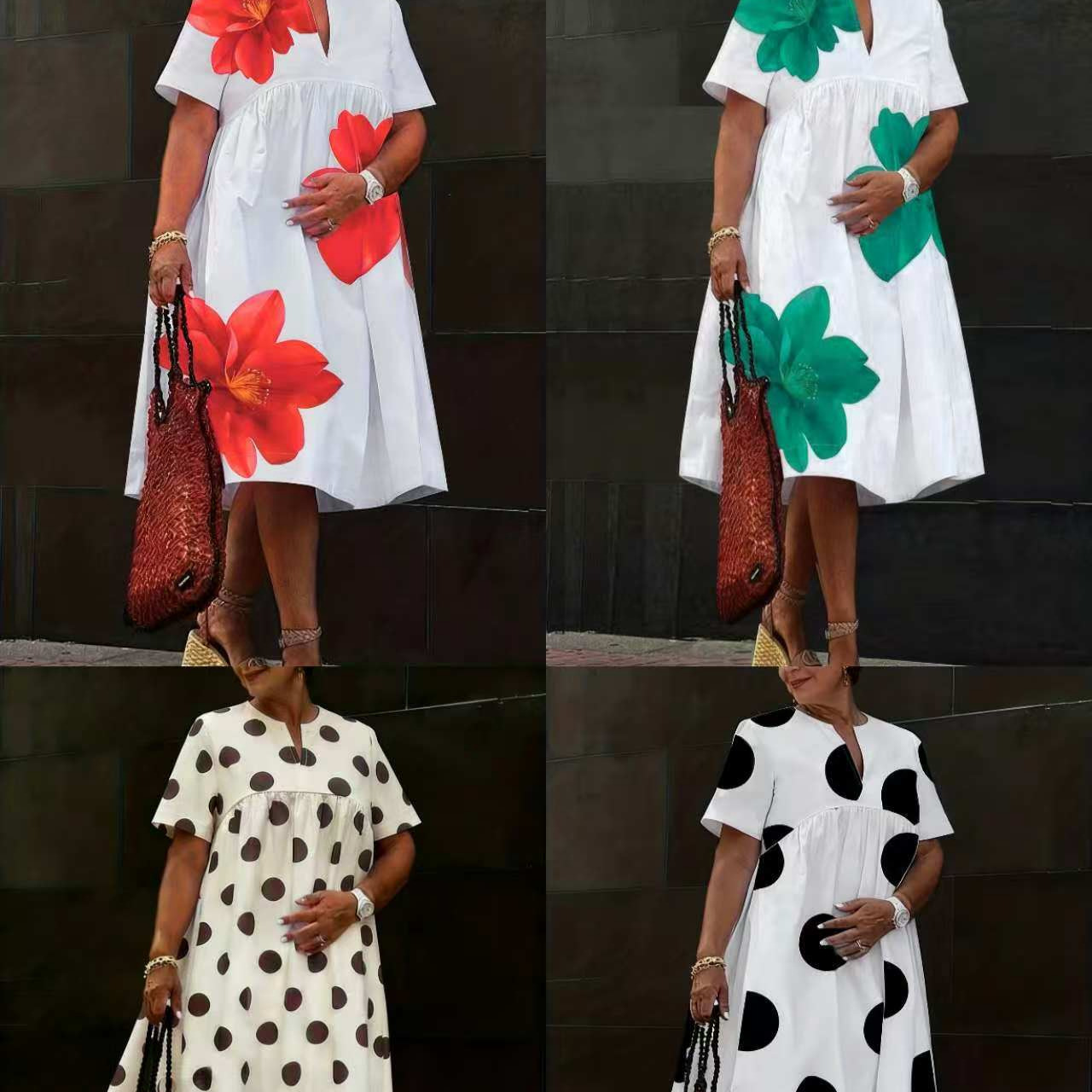 Artistic Floral Print Midi Dress Short Sleeve V-Neck A-Line