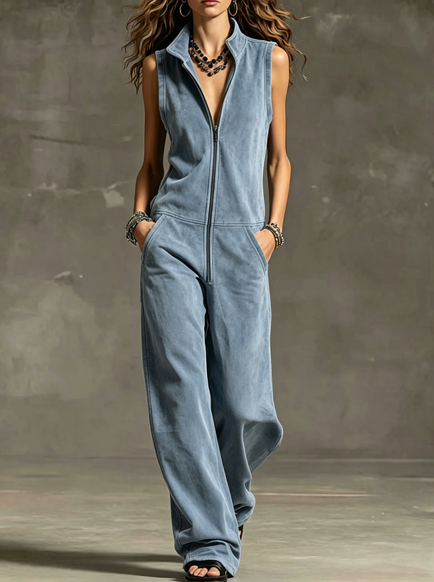 Suede Sleeveless Jumpsuit with Stand Collar, Zip Front & Wide Legs