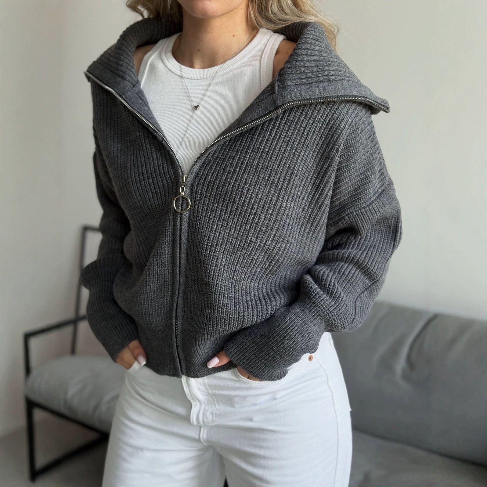 Women's Thick Loose V-Neck Zip-Up Cardigan Sweater Coat Solid Color